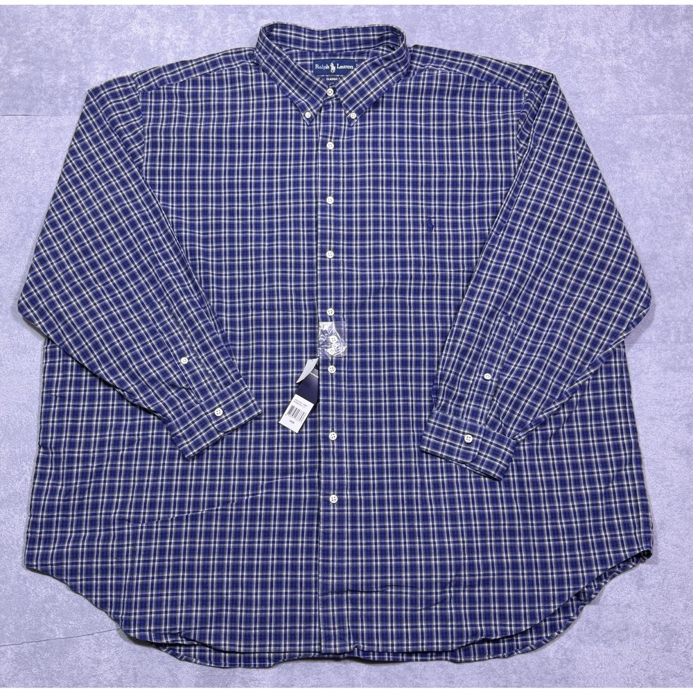 Ralph Lauren Shirt Mens 4XB BIG Classic Fit Poplin Blue Plaid Dadcore Poplin NEW